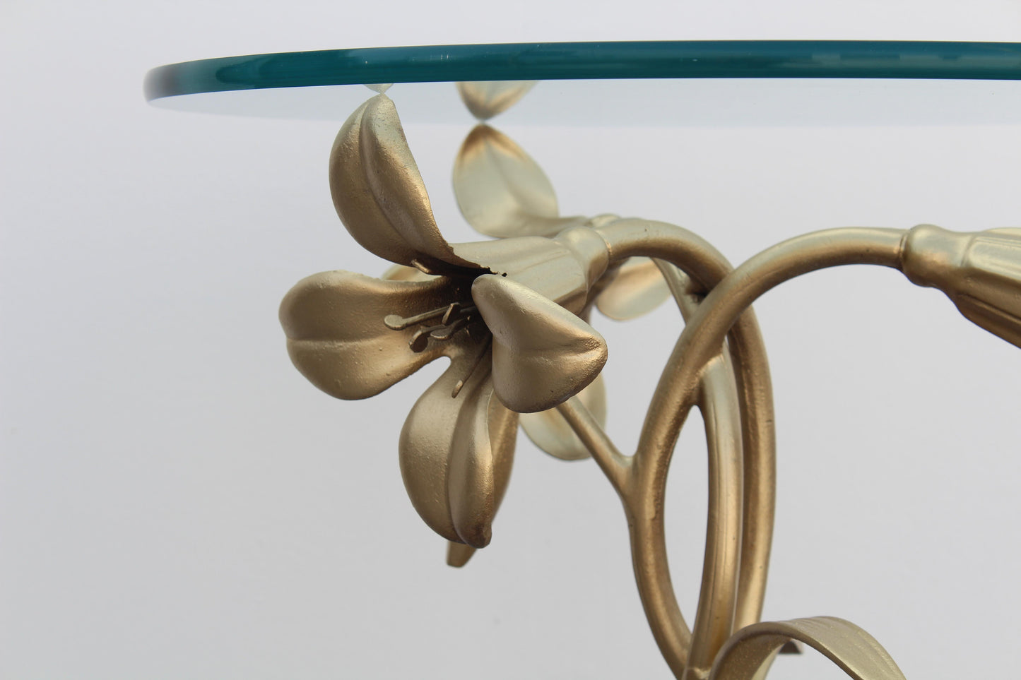 1970's Lily Flower Gold Metal Side Table With Glass Top