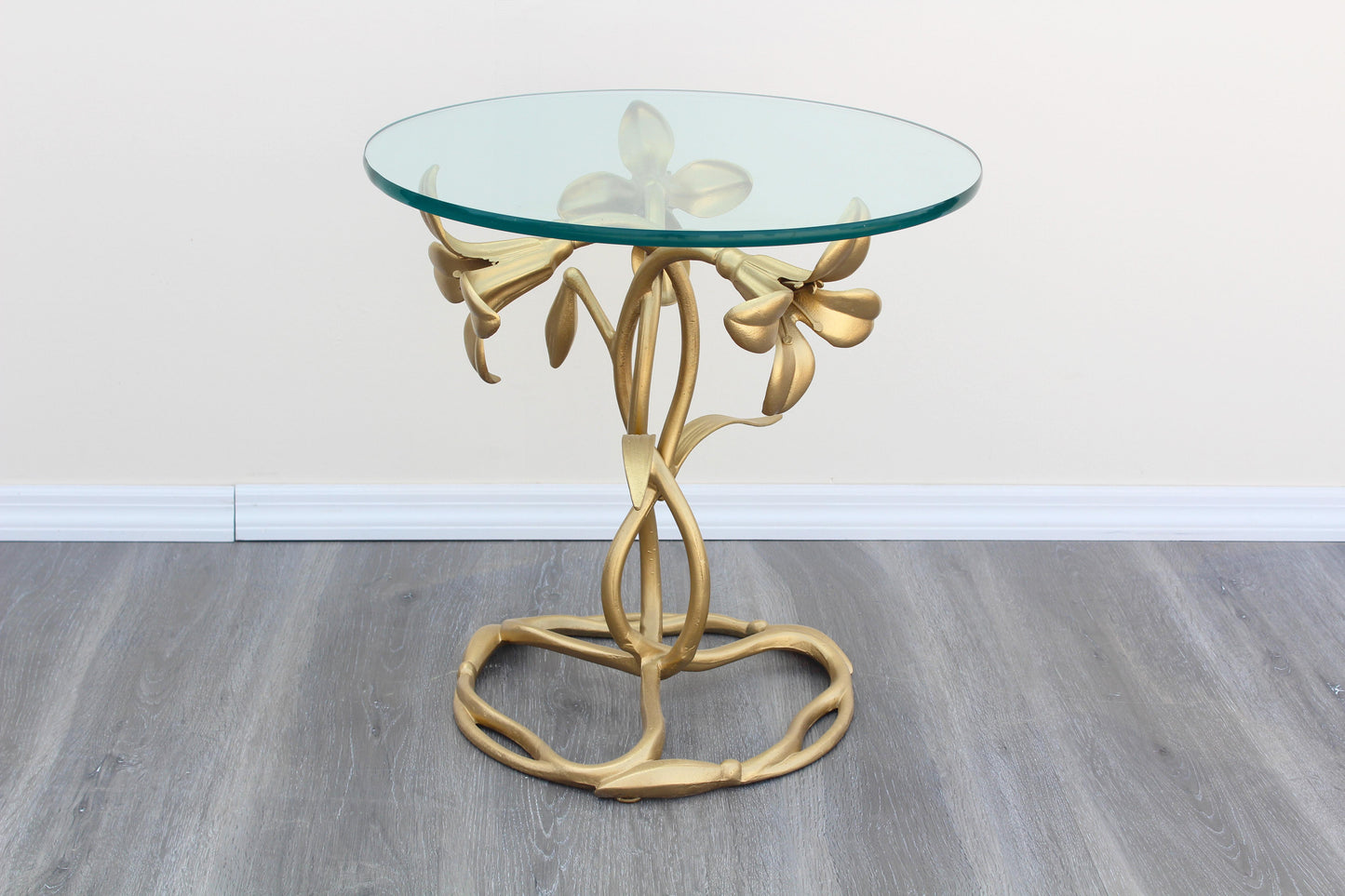 1970's Lily Flower Gold Metal Side Table With Glass Top