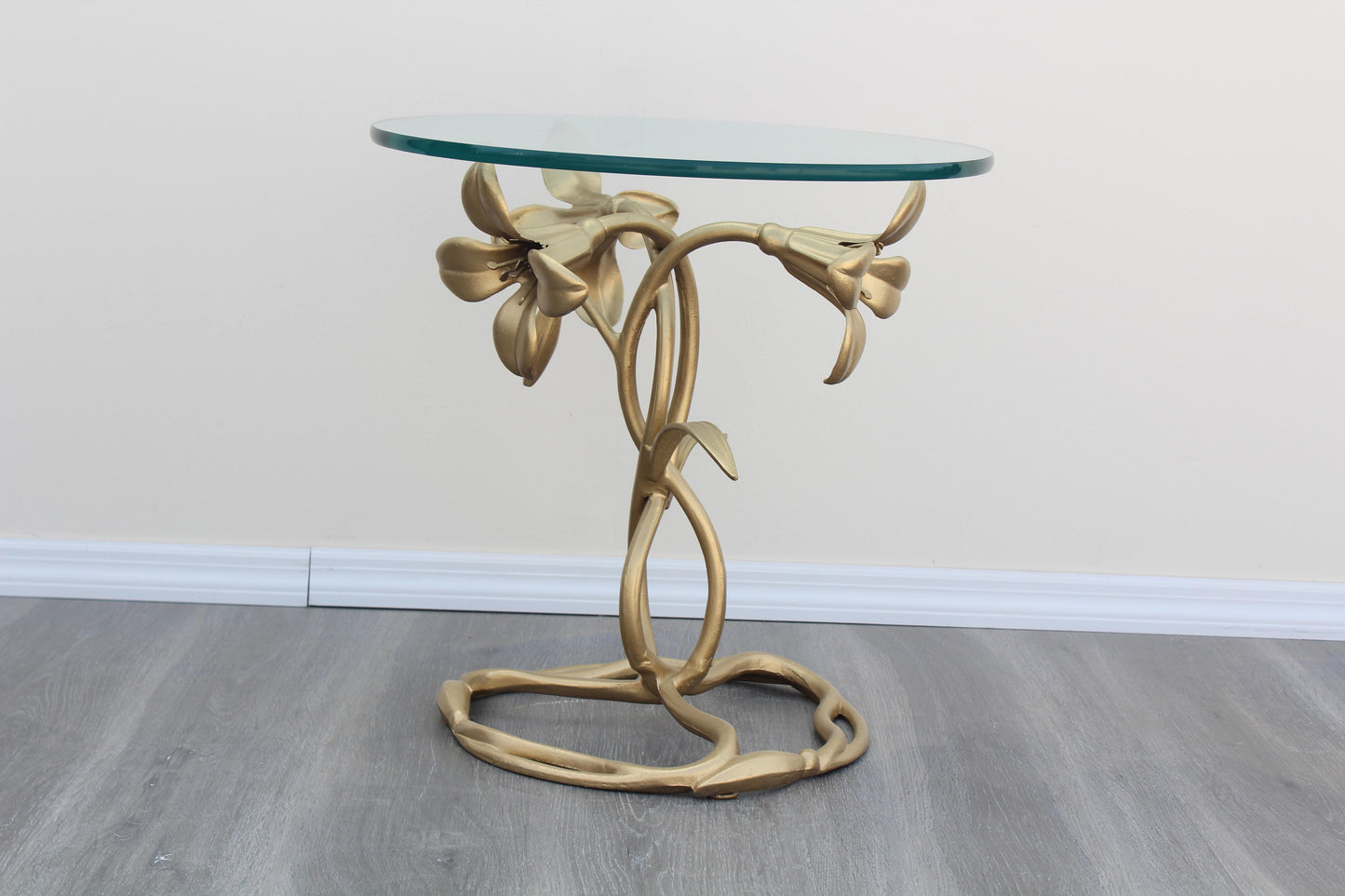 1970's Lily Flower Gold Metal Side Table With Glass Top