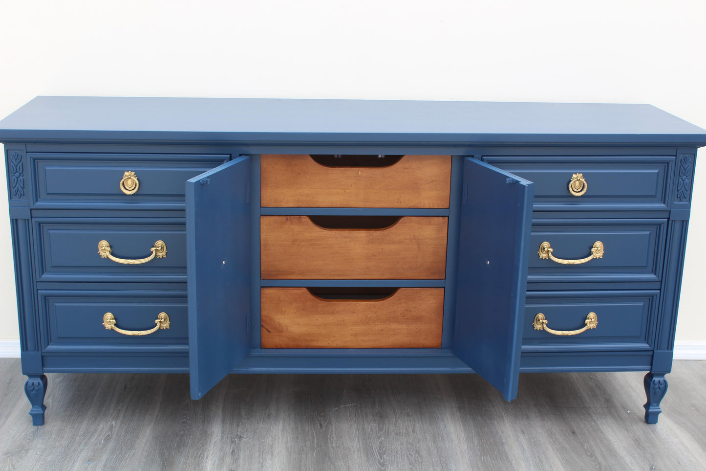 1970s Mid-Century Blue Dresser of Nine Drawers by Dixie