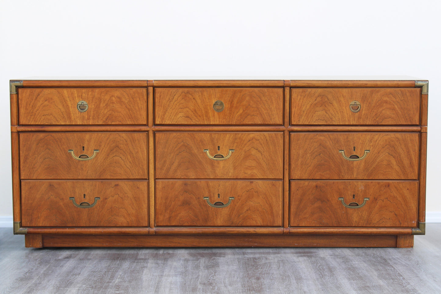 1970s Mid-Century Campaign Style Dresser of Nine Drawers by Drexel