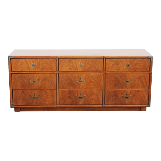 1970s Mid-Century Campaign Style Dresser of Nine Drawers by Drexel