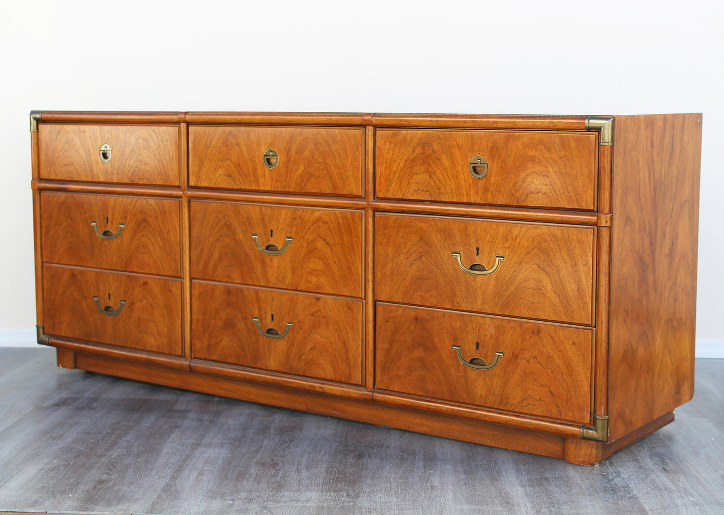 1970s Mid-Century Campaign Style Dresser of Nine Drawers by Drexel