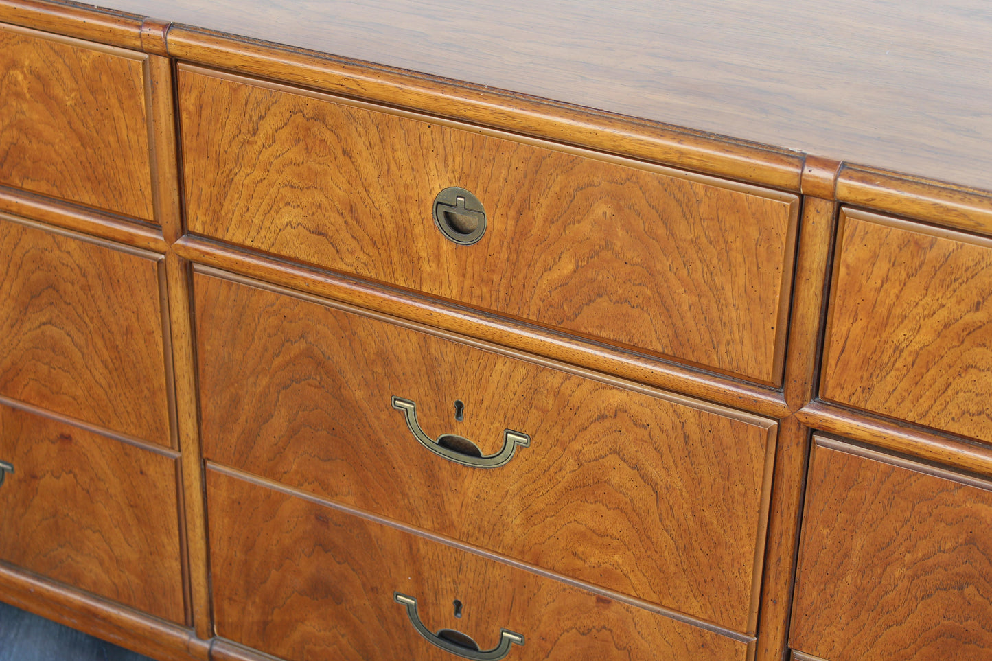 1970s Mid-Century Campaign Style Dresser of Nine Drawers by Drexel