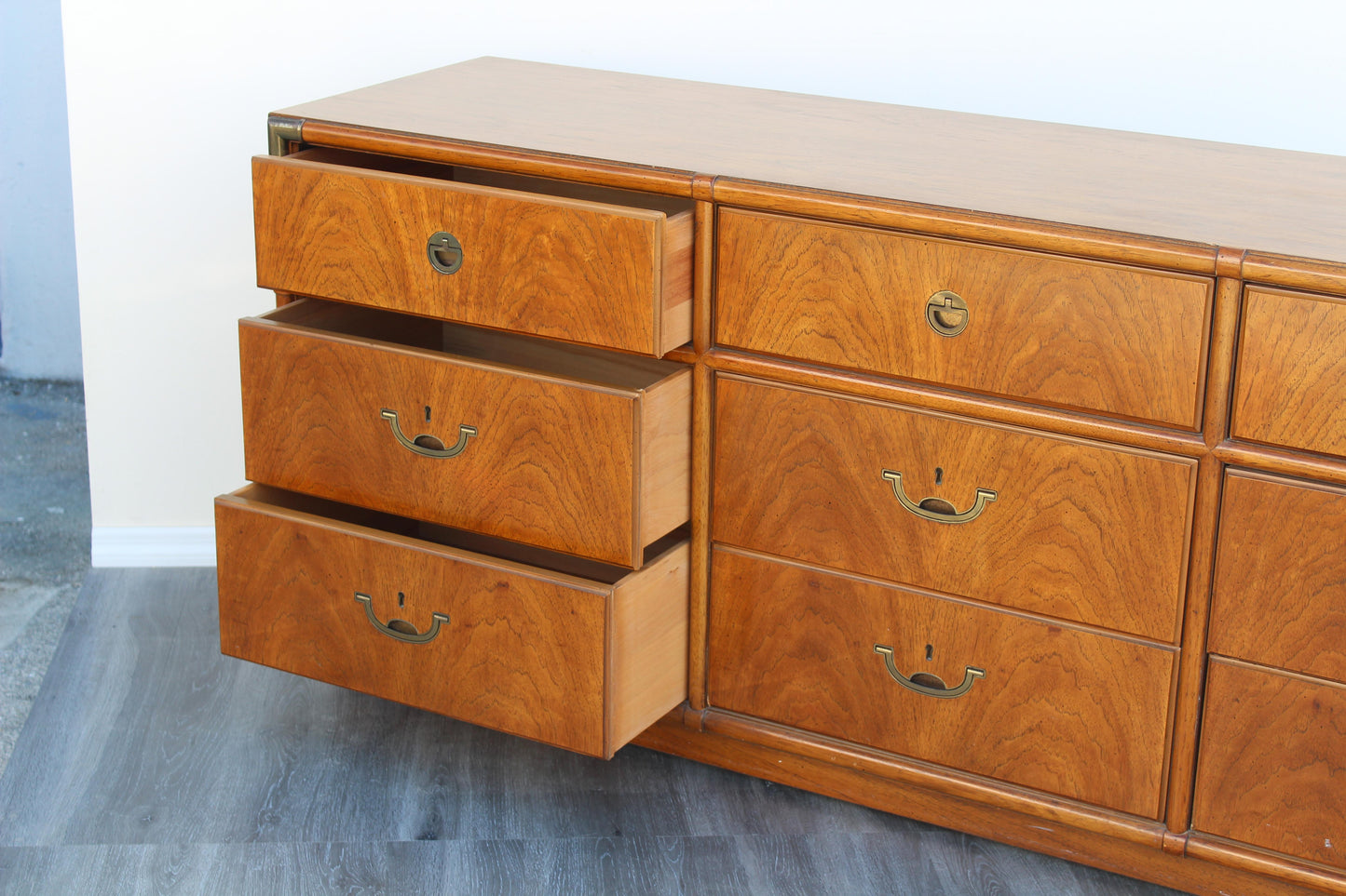 1970s Mid-Century Campaign Style Dresser of Nine Drawers by Drexel