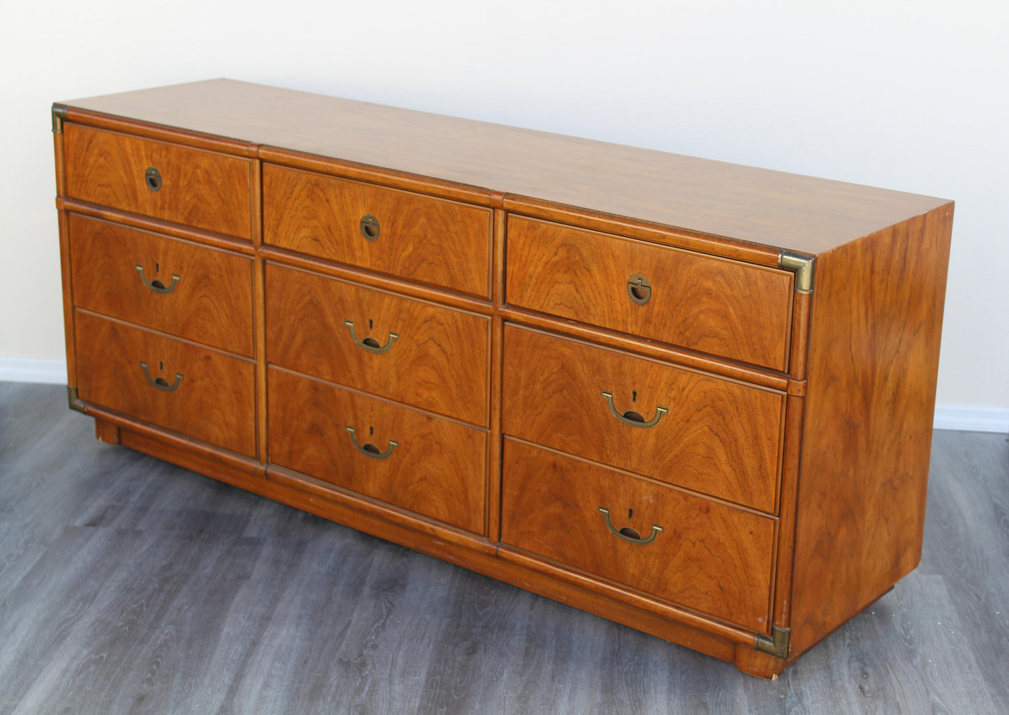 1970s Mid-Century Campaign Style Dresser of Nine Drawers by Drexel