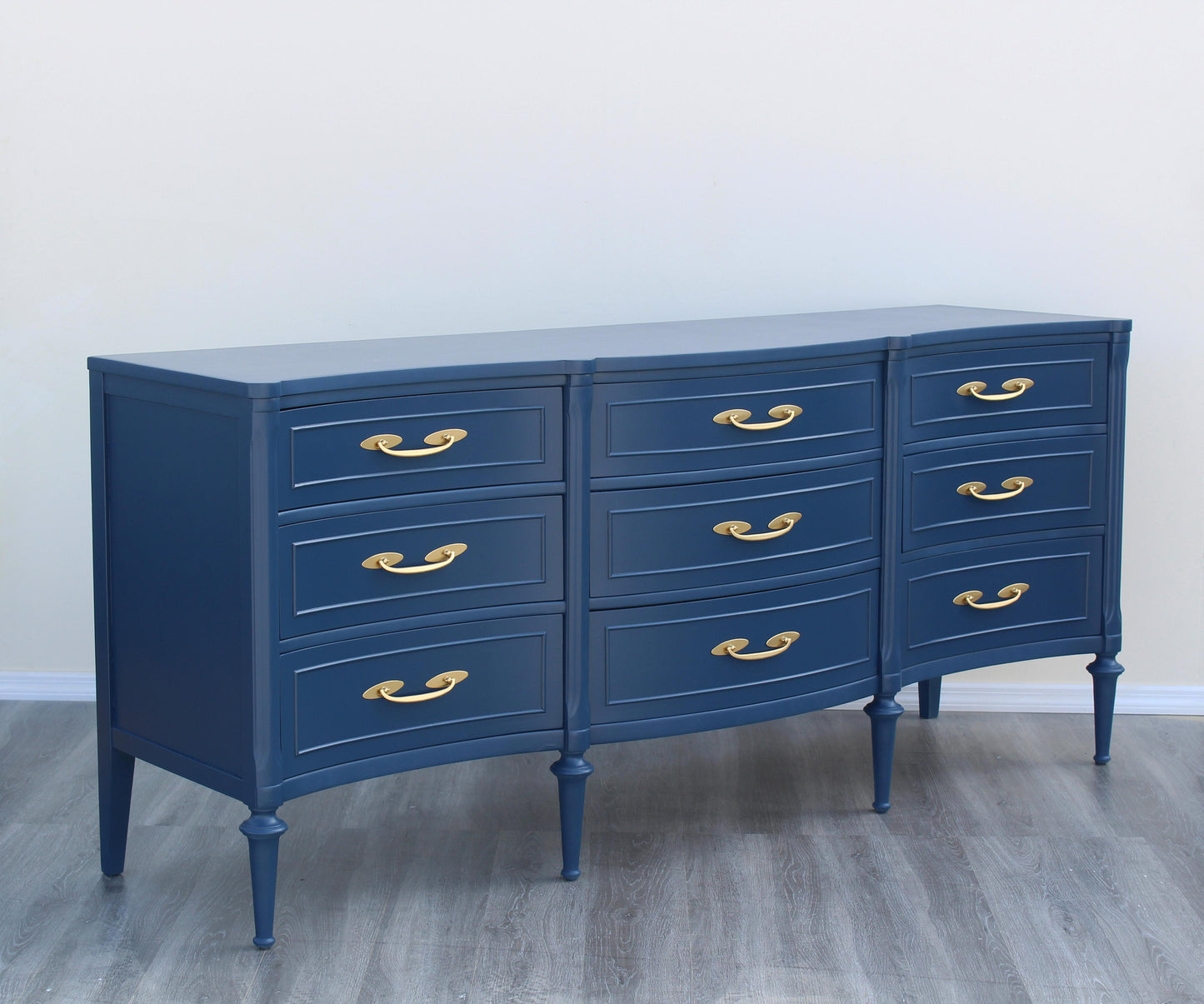 1970s Mid Century Walnut Blue Dresser of Nine Drawers