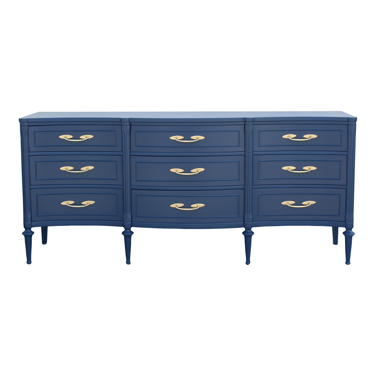 1970s Mid Century Walnut Blue Dresser of Nine Drawers