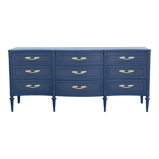 1970s Mid Century Walnut Blue Dresser of Nine Drawers