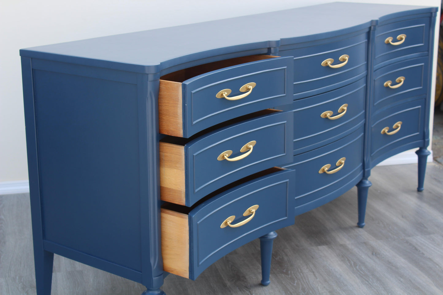 1970s Mid Century Walnut Blue Dresser of Nine Drawers