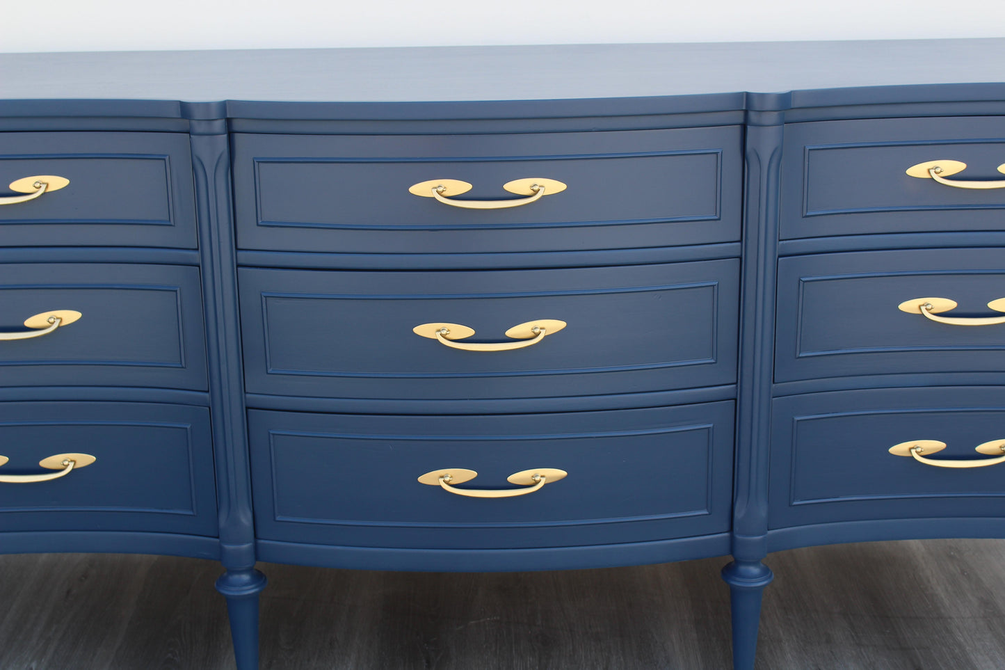 1970s Mid Century Walnut Blue Dresser of Nine Drawers