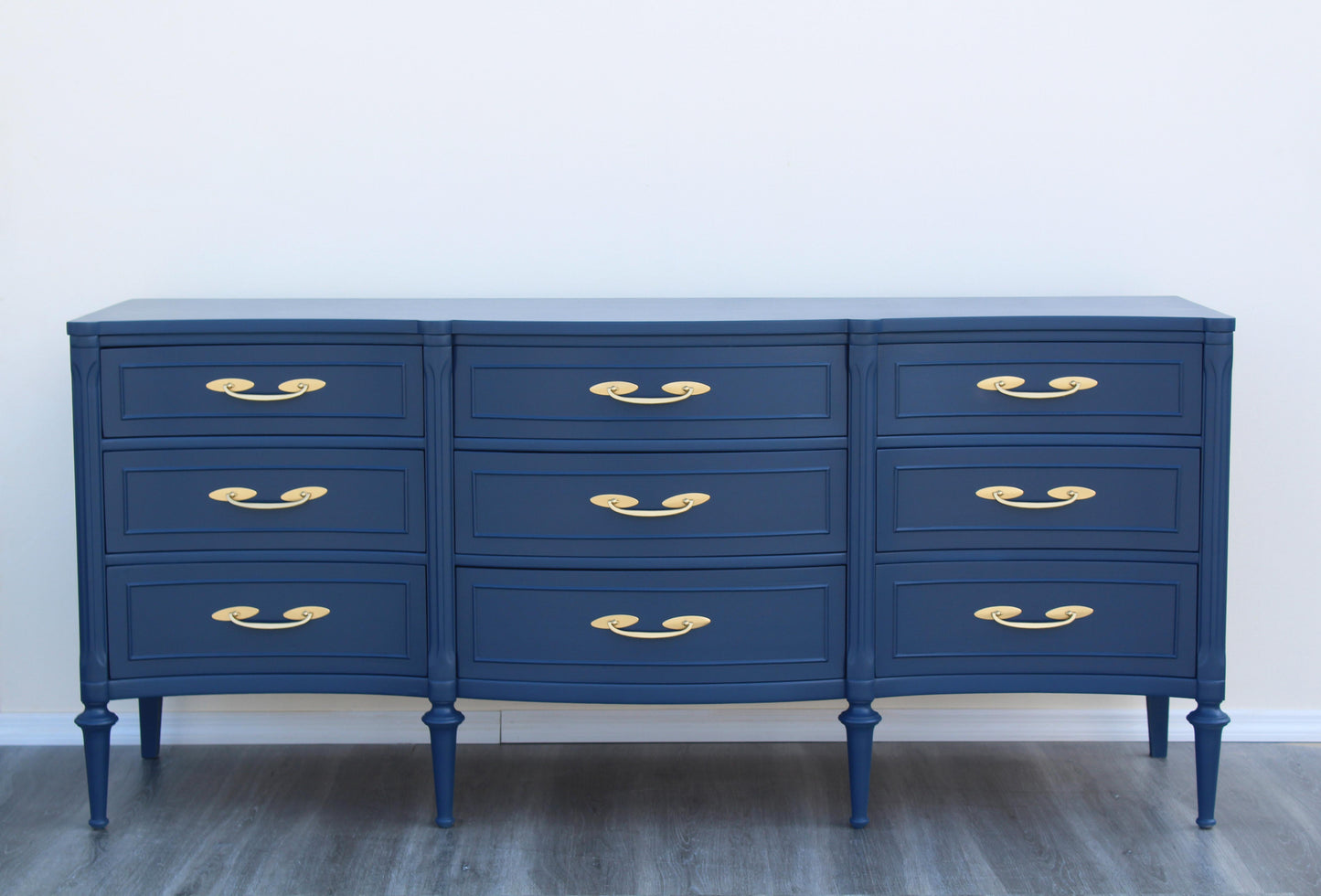 1970s Mid Century Walnut Blue Dresser of Nine Drawers