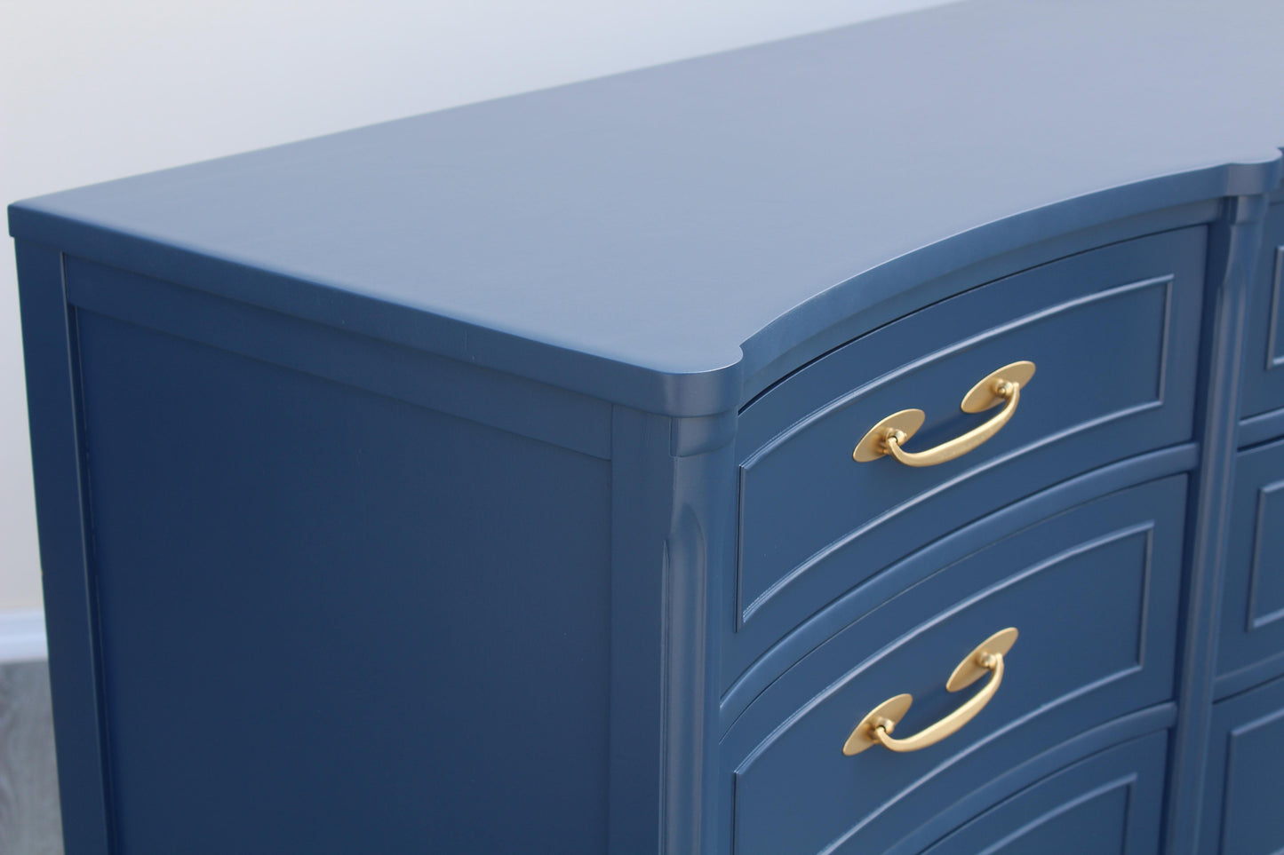 1970s Mid Century Walnut Blue Dresser of Nine Drawers