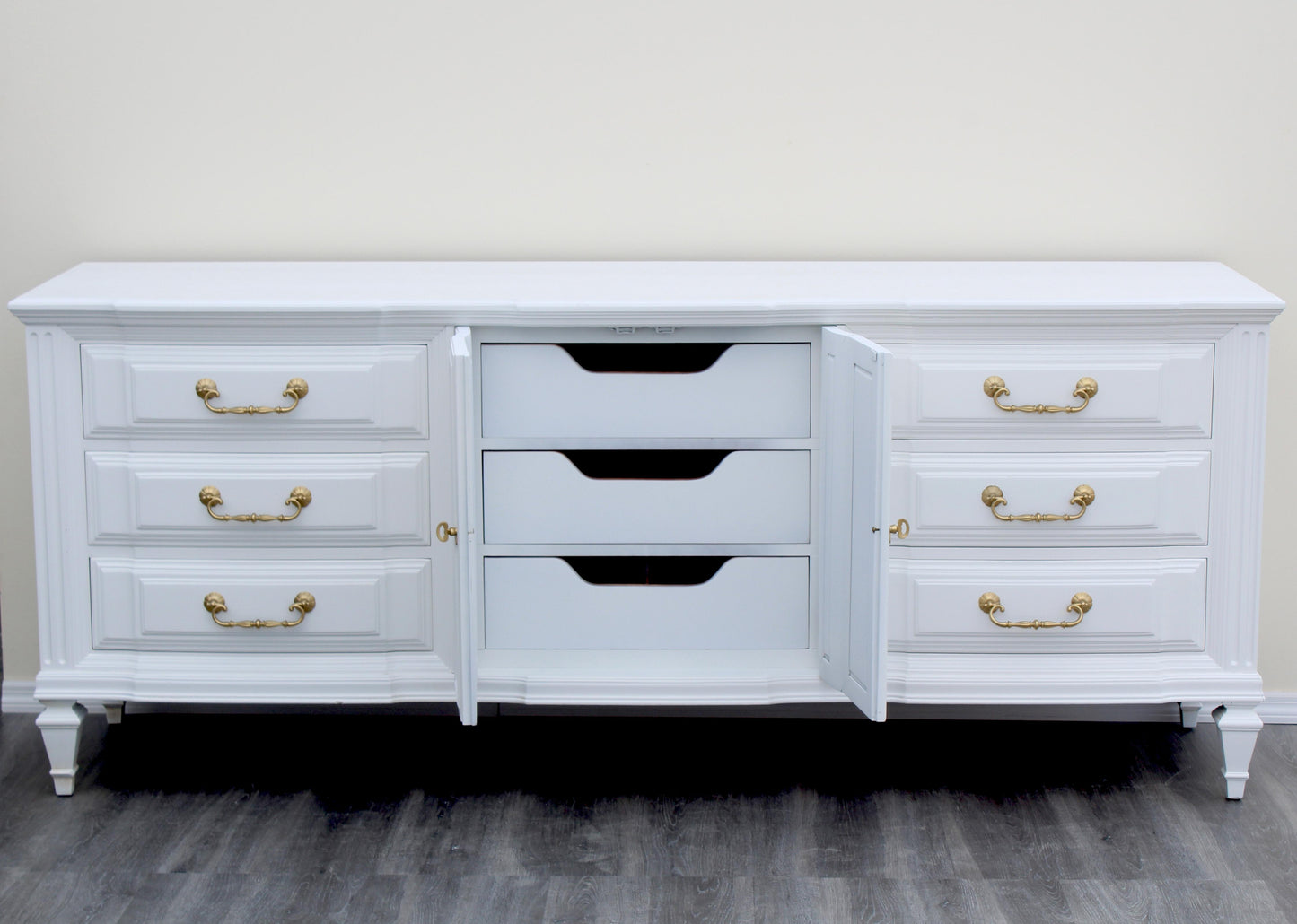 1970s Mid-Century Walnut Satin White Dresser of Nine Drawers