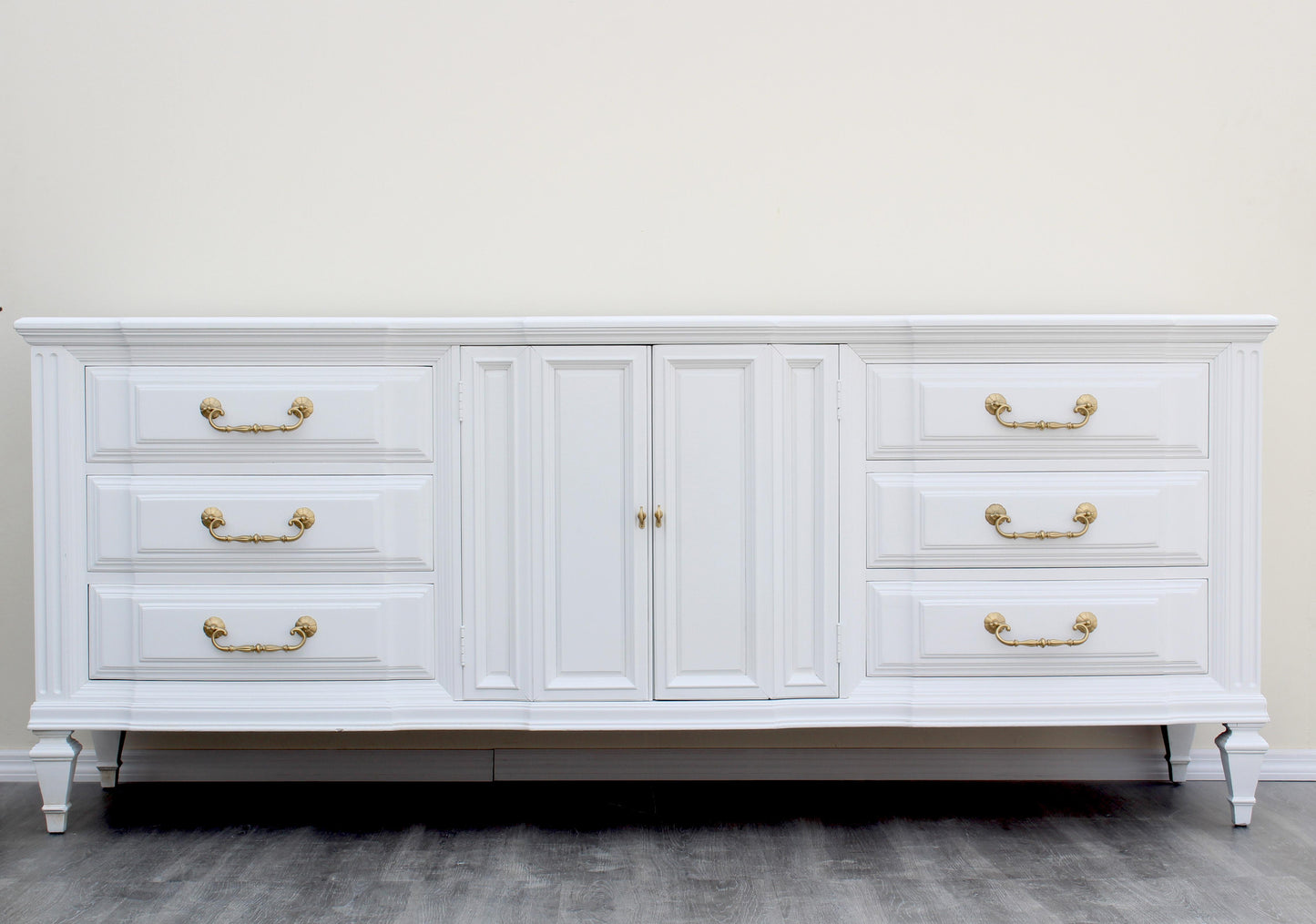 1970s Mid-Century Walnut Satin White Dresser of Nine Drawers