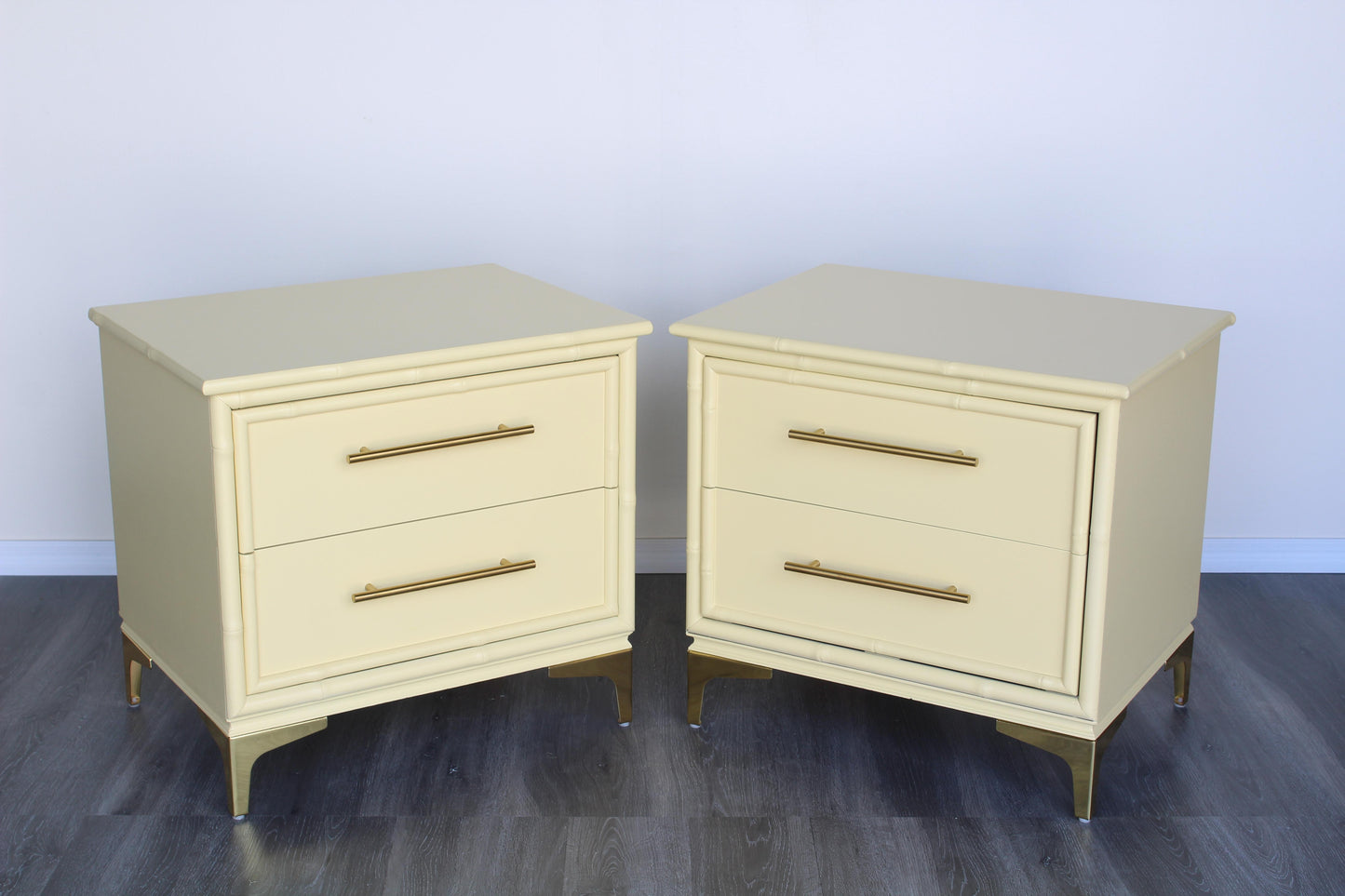 1970's Pair of Faux Bamboo Canary Yellow Nightstands