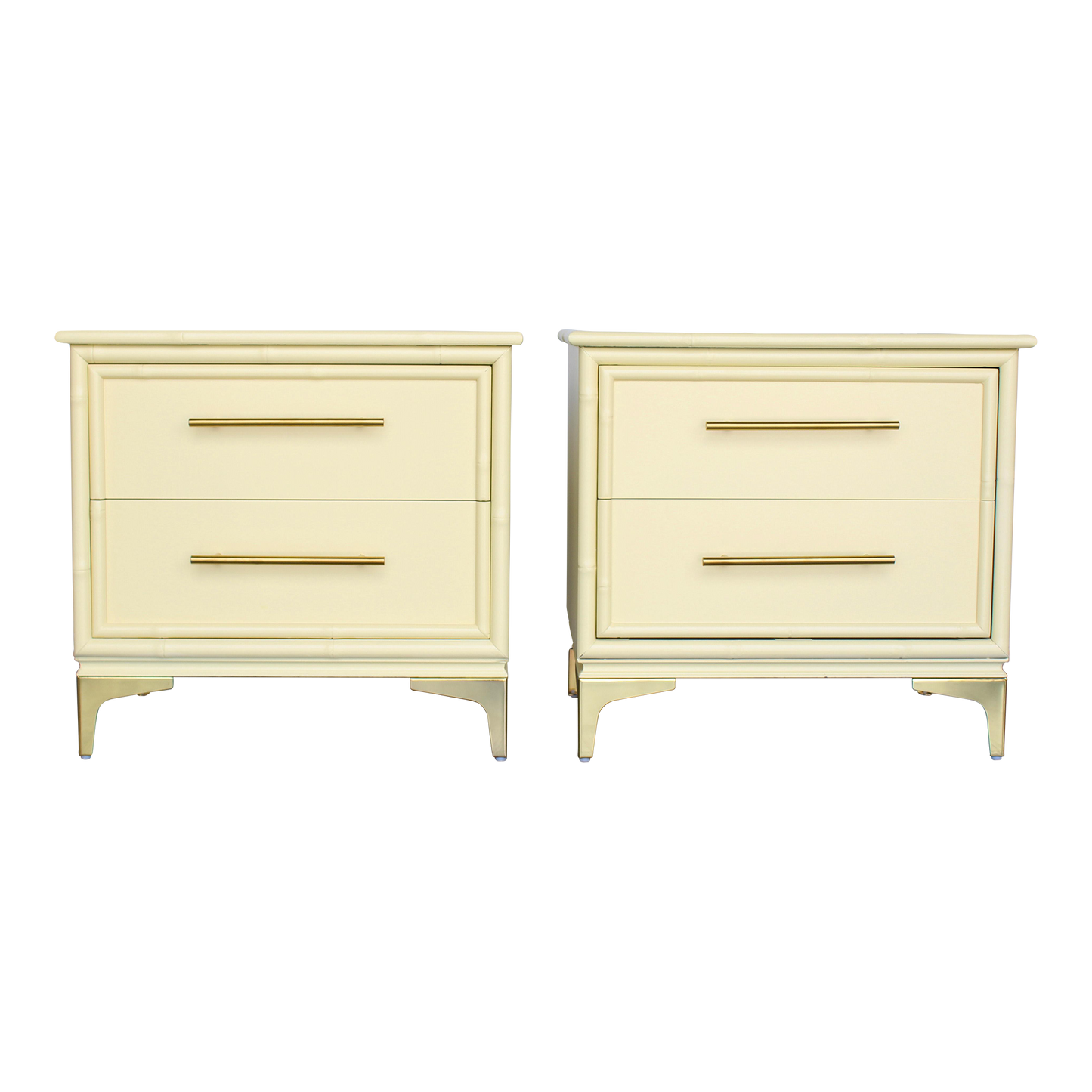 Pair of 1970's Canary Yellow Faux Bamboo nightstands.  These pair of nightstands are professionally refinished in canary yellow with satin top coat and metal feet. Dimensions: 24"Width x 16"Depth x 23.5"Height. 