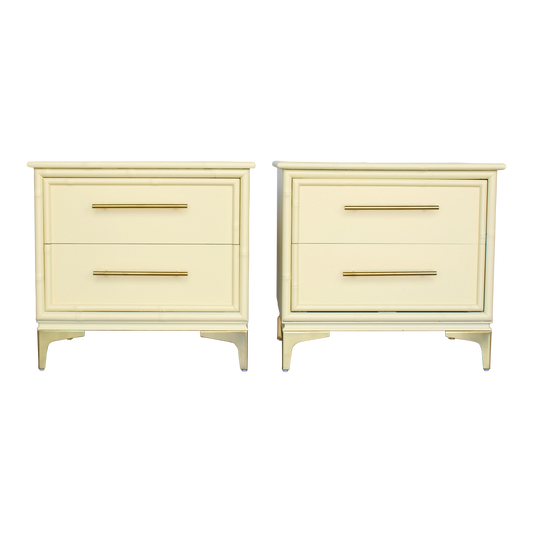 Pair of 1970's Canary Yellow Faux Bamboo nightstands.  These pair of nightstands are professionally refinished in canary yellow with satin top coat and metal feet. Dimensions: 24"Width x 16"Depth x 23.5"Height. 