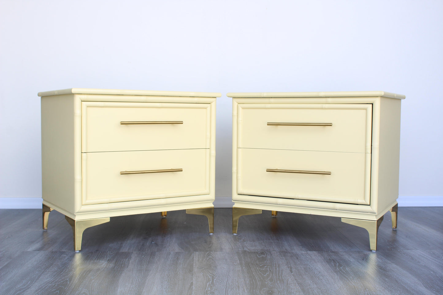 1970's Pair of Faux Bamboo Canary Yellow Nightstands