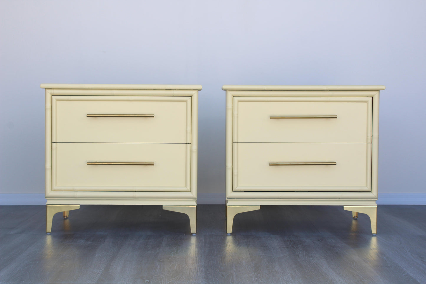 1970's Pair of Faux Bamboo Canary Yellow Nightstands