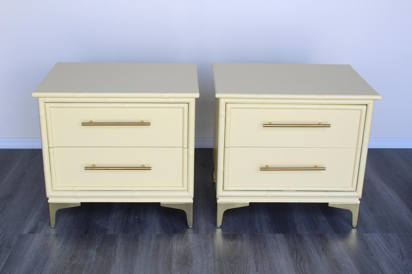 1970's Pair of Faux Bamboo Canary Yellow Nightstands