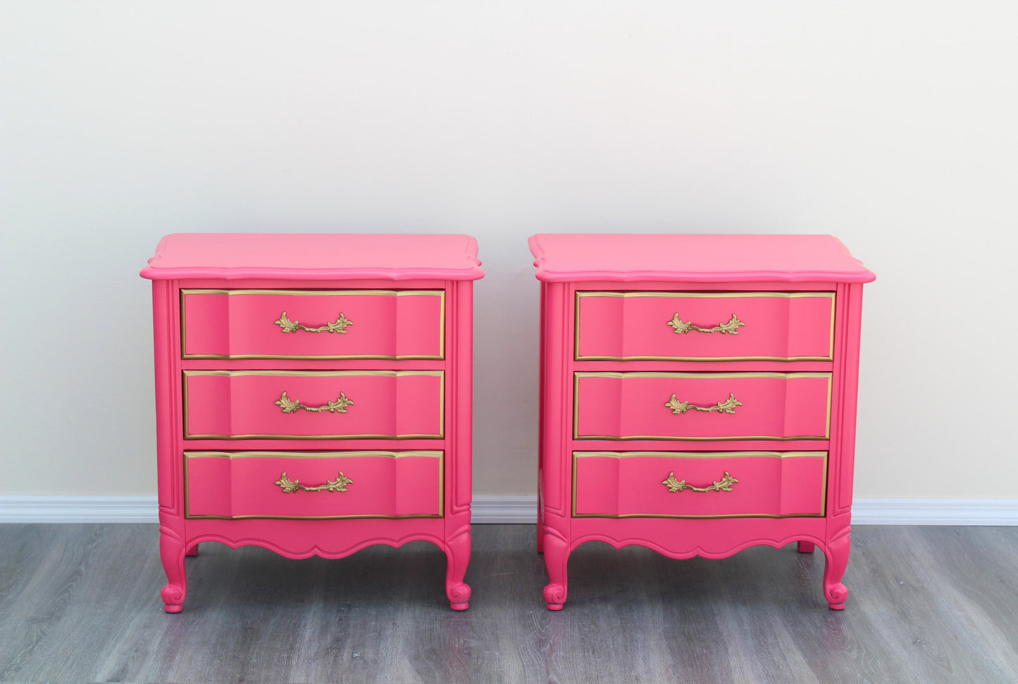 1970's Pair of French Provincial Coral Pink Nightstands