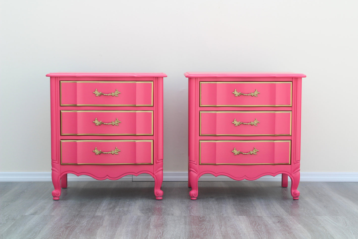 1970's Pair of French Provincial Coral Pink Nightstands