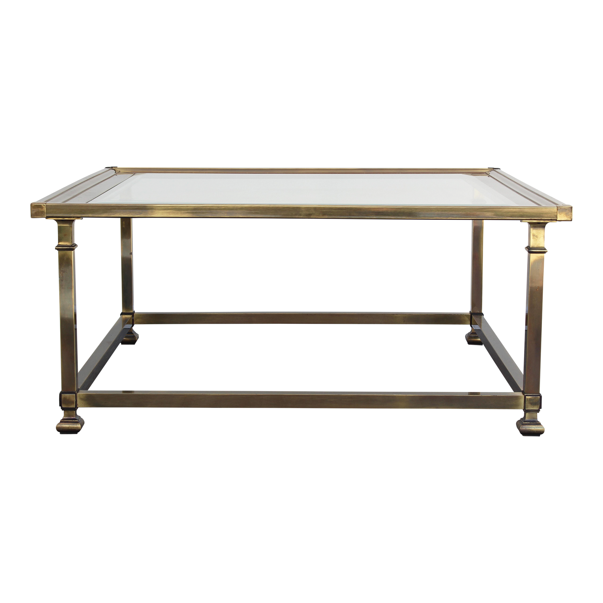 Vintage Mastercraft Coffee Table.  This is a solid brass coffee table with glass top.  This table has a lovely vintage patina.  Dimensions: 36"Width x 36"Depth x 16"Height.