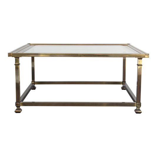 Vintage Mastercraft Coffee Table.  This is a solid brass coffee table with glass top.  This table has a lovely vintage patina.  Dimensions: 36"Width x 36"Depth x 16"Height.