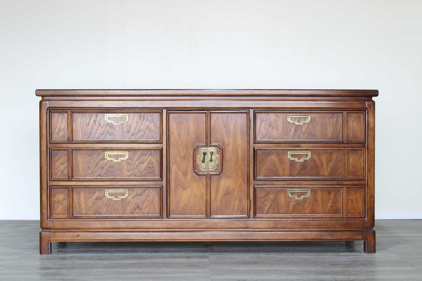 1970s Vintage Campaign Style Walnut Dresser of Nine Drawers