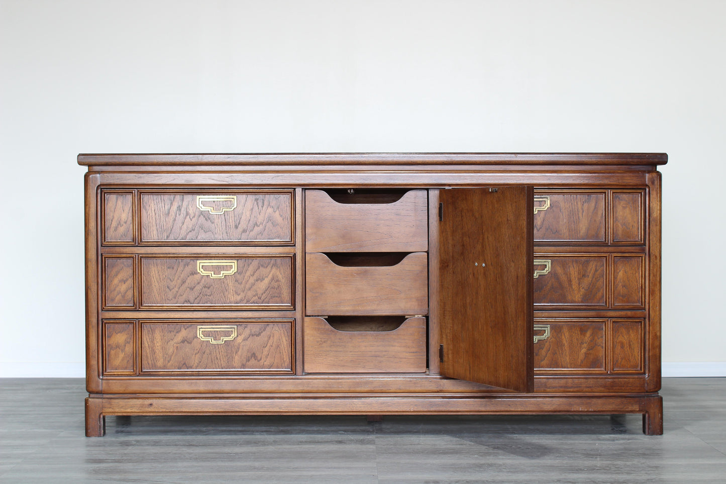 1970s Vintage Campaign Style Walnut Dresser of Nine Drawers