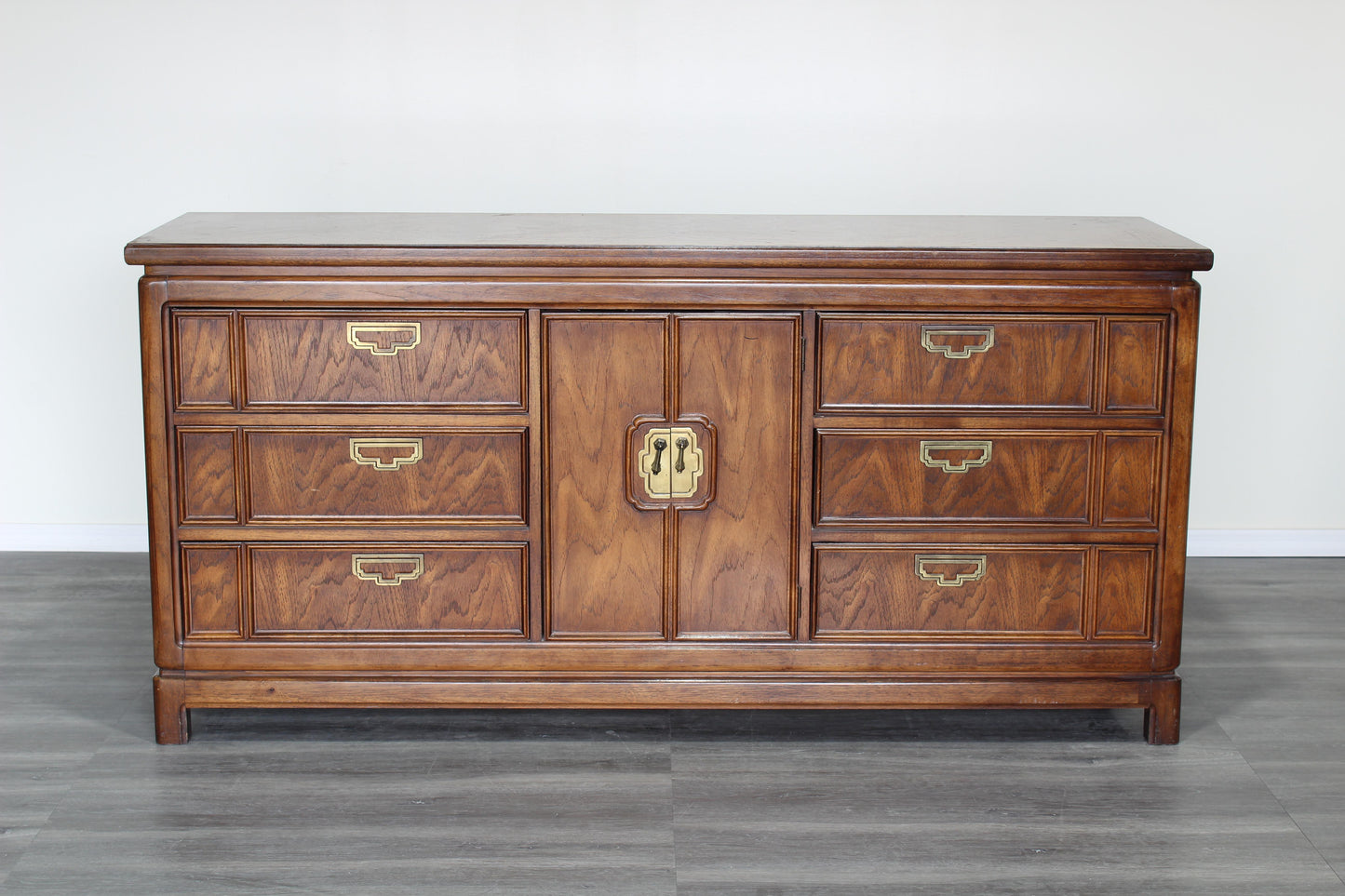 1970s Vintage Campaign Style Walnut Dresser of Nine Drawers