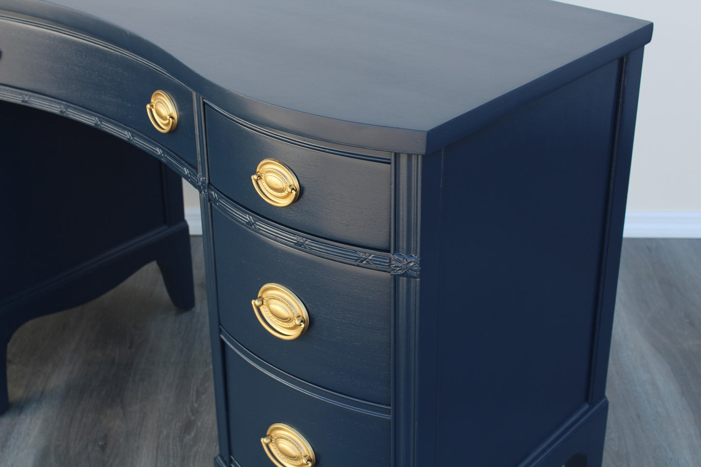 1970s Vintage Chippendale Pedestal Blue Desk