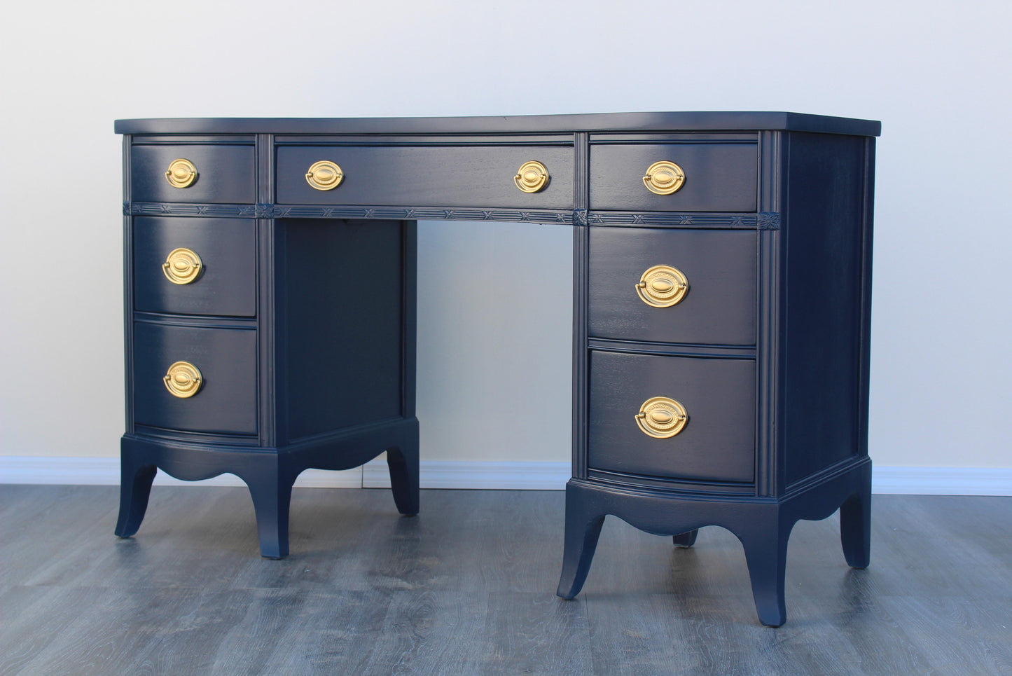 1970s Vintage Chippendale Pedestal Blue Desk