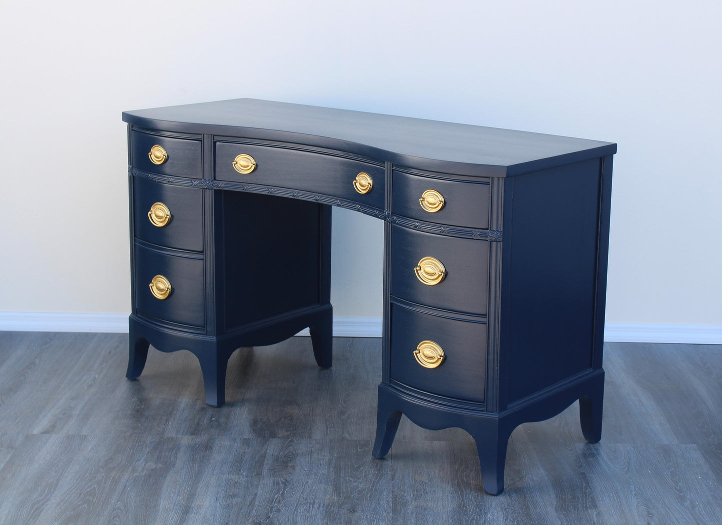 1970s Vintage Chippendale Pedestal Blue Desk