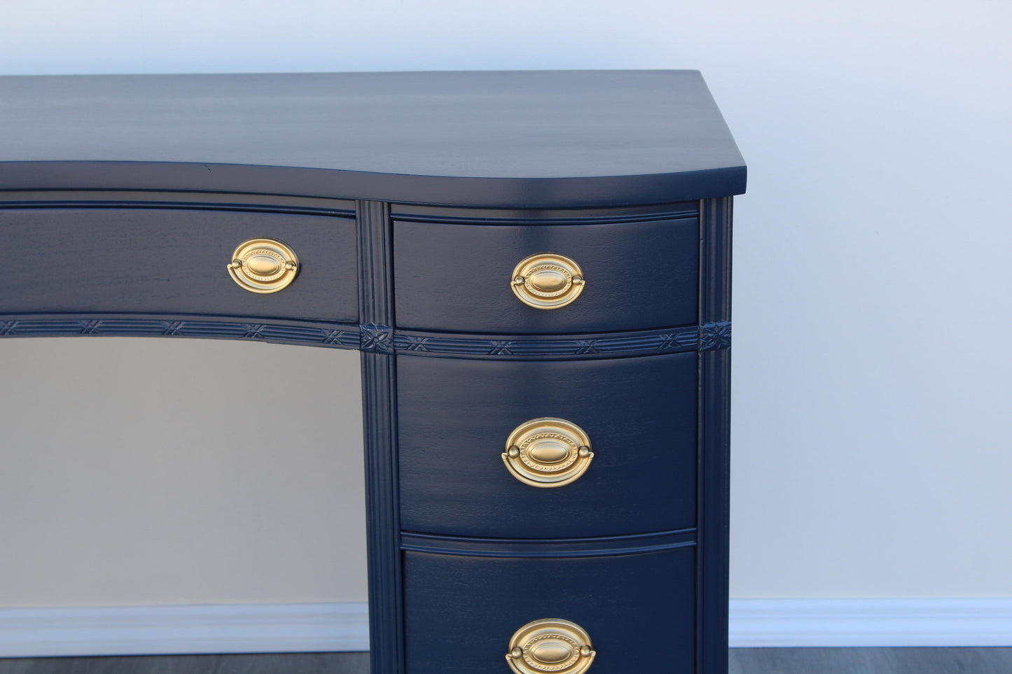 1970s Vintage Chippendale Pedestal Blue Desk