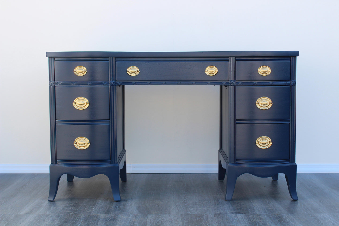 1970s Vintage Chippendale Pedestal Blue Desk