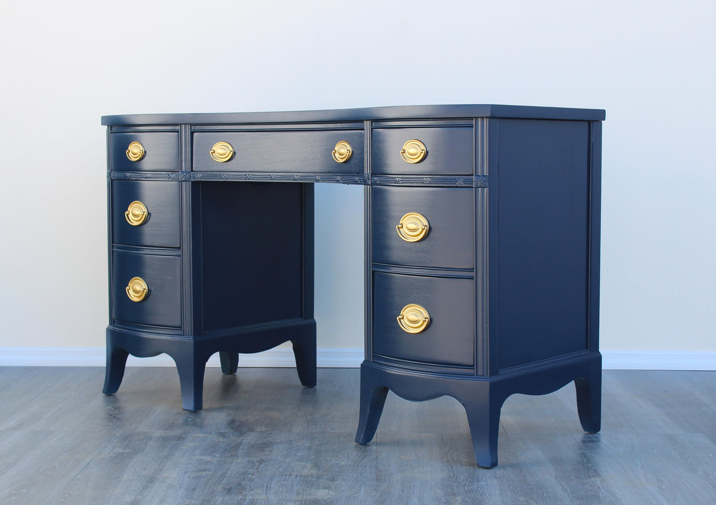 1970s Vintage Chippendale Pedestal Blue Desk