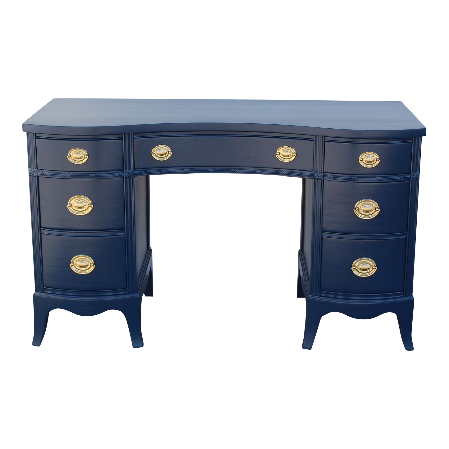 Vintage mahogany desk of five drawers.  This desk is solid built with dovetail joints.  This desk is newly refinished in blue with gloss topcoat and gold painted hardware.  Dimensions: 49.5"Width x 20"Depth x 30"Height. 