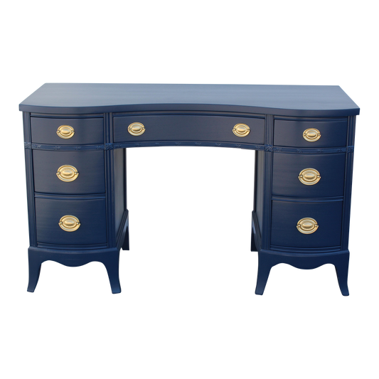 Vintage mahogany desk of five drawers.  This desk is solid built with dovetail joints.  This desk is newly refinished in blue with gloss topcoat and gold painted hardware.  Dimensions: 49.5"Width x 20"Depth x 30"Height. 