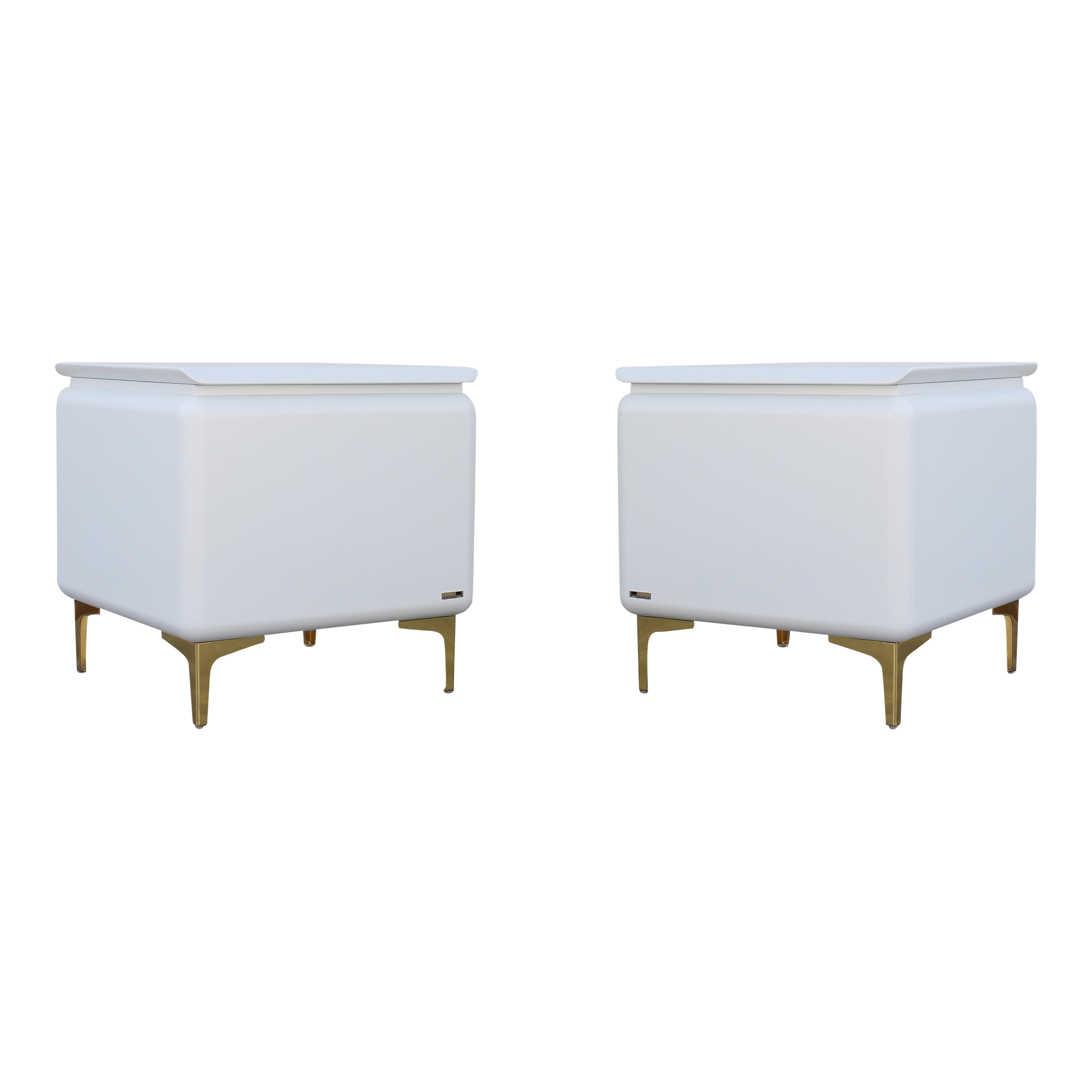 Vintage pair of Rougier Side Tables.  These tables are refinished in white with satin topcoat.  Dimensions: 24"Width x 24"Depth x 24"Height.