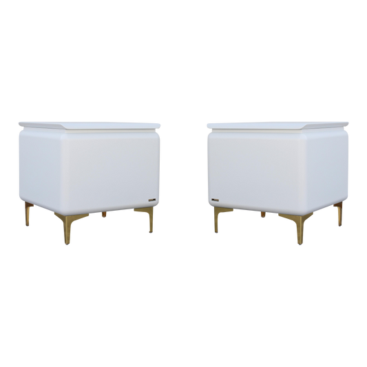 Vintage pair of Rougier Side Tables.  These tables are refinished in white with satin topcoat.  Dimensions: 24"Width x 24"Depth x 24"Height.