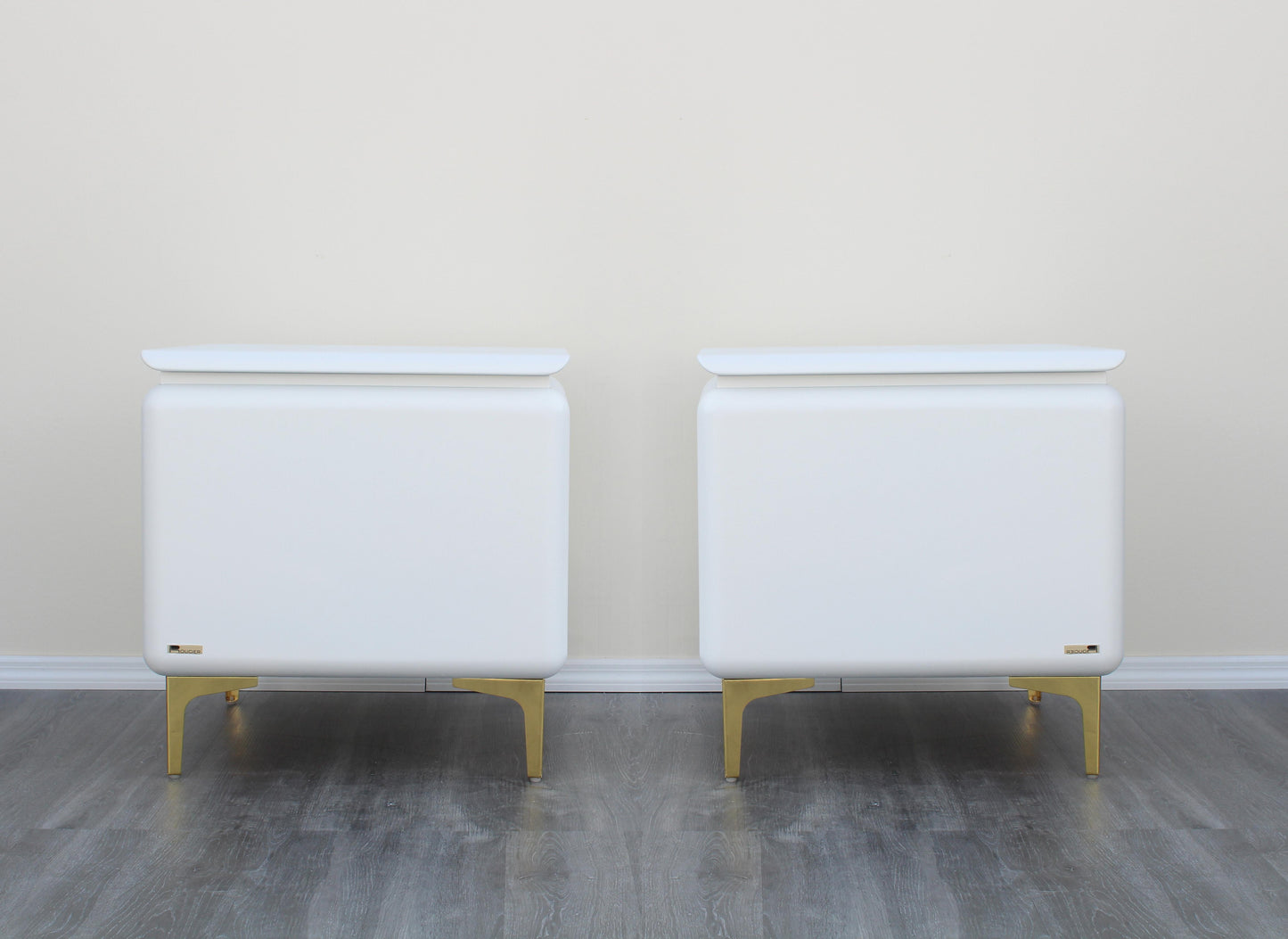 Vintage pair of Rougier Side Tables.  These tables are refinished in white with satin topcoat.  Dimensions: 24"Width x 24"Depth x 24"Height.