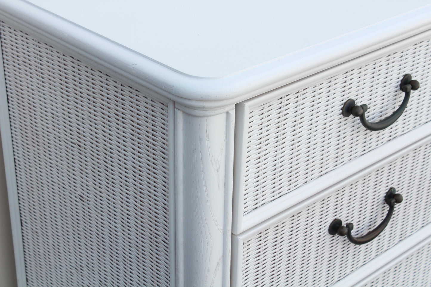 1970's White Wicker and Walnut Dresser of Nine Drawers