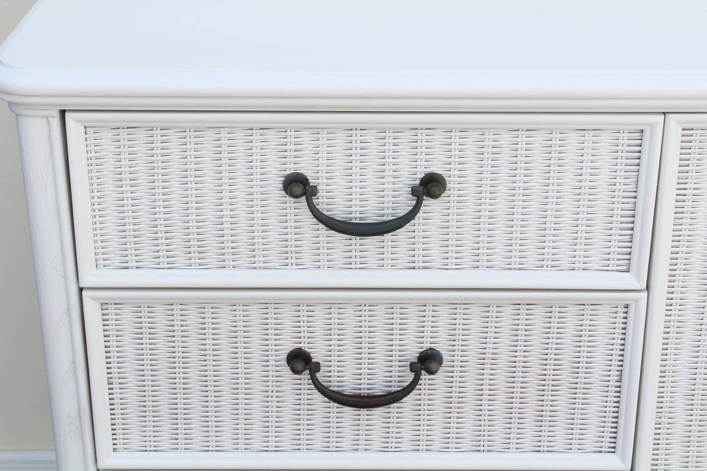 1970's White Wicker and Walnut Dresser of Nine Drawers