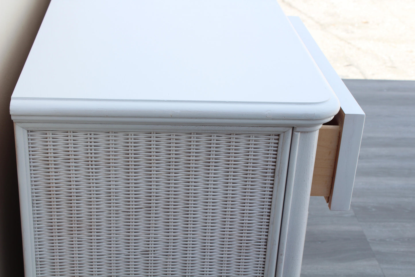 1970's White Wicker and Walnut Dresser of Nine Drawers