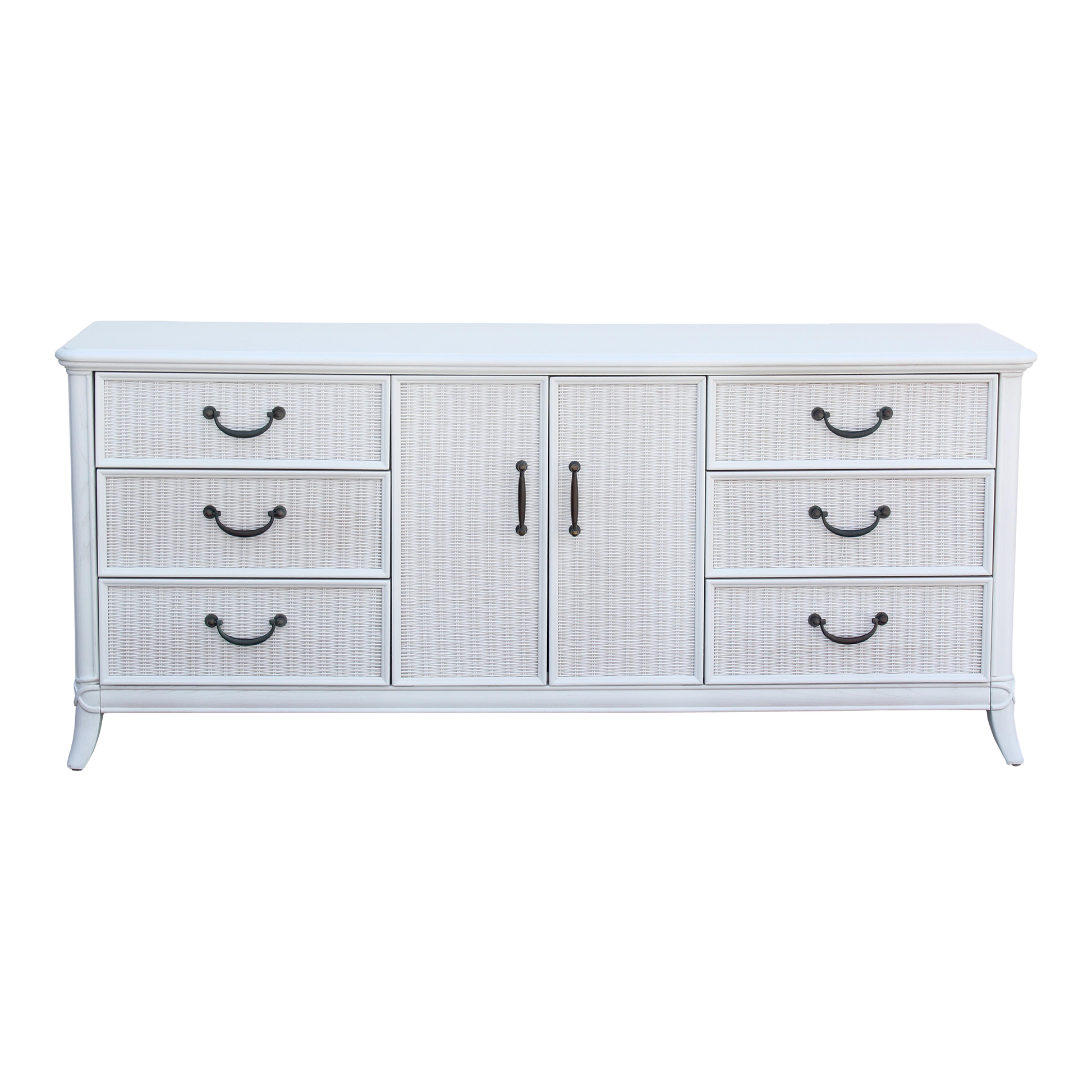 Vintage wicker dresser of nine drawers with walnut top, is refinished in white with a satin topcoat. Dimensions: 72"Width x 19"Depth x 32"Height. 