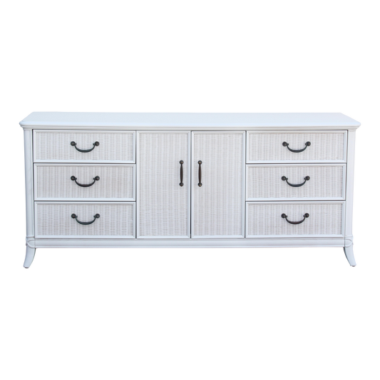 Vintage wicker dresser of nine drawers with walnut top, is refinished in white with a satin topcoat. Dimensions: 72"Width x 19"Depth x 32"Height. 