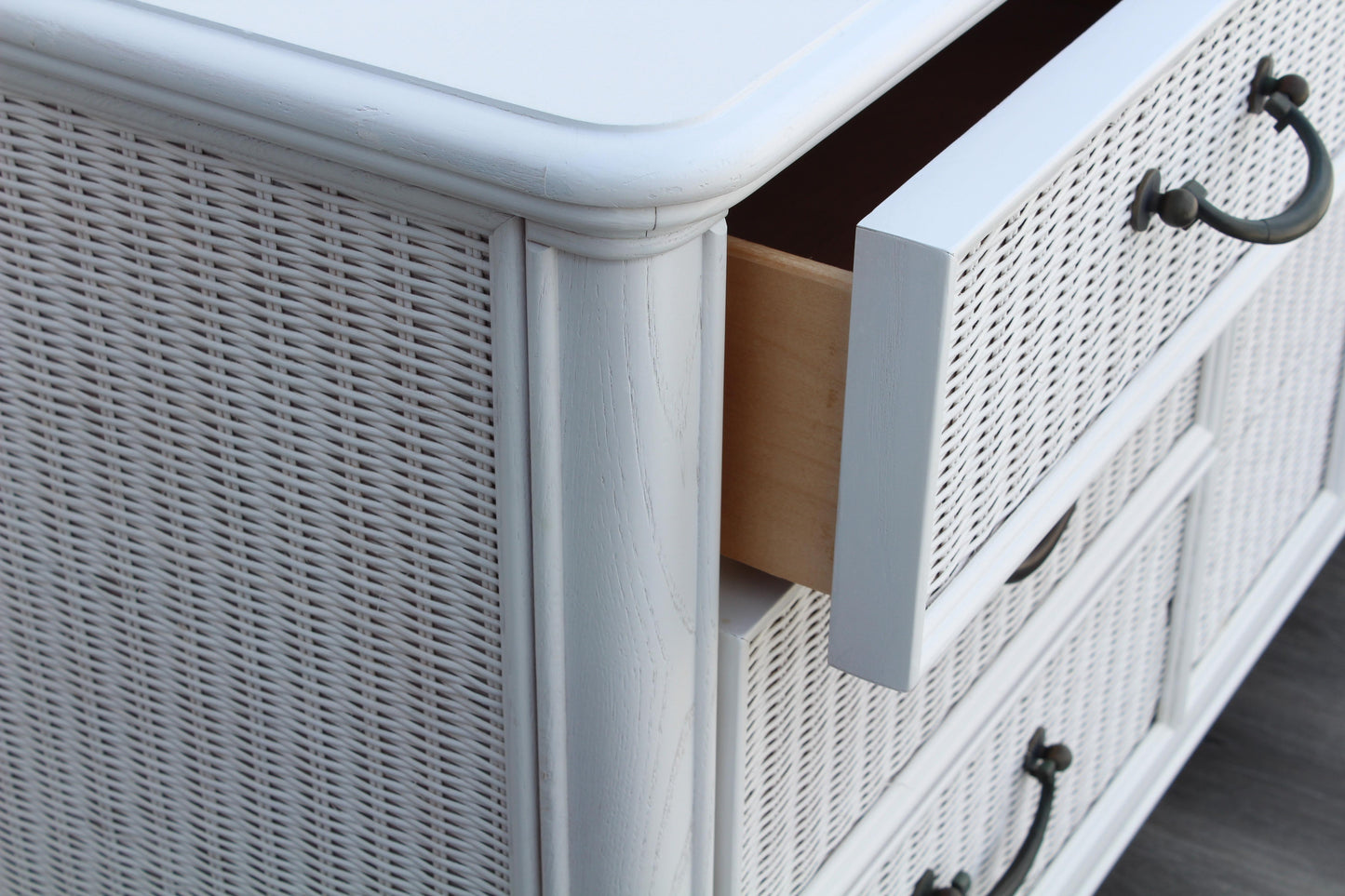 1970's White Wicker and Walnut Dresser of Nine Drawers