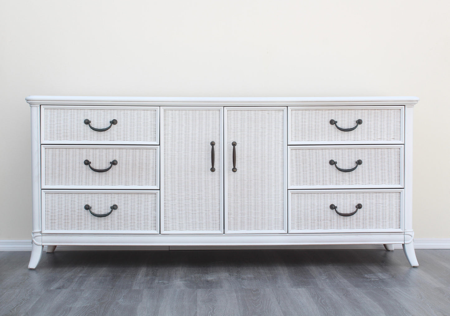 1970's White Wicker and Walnut Dresser of Nine Drawers